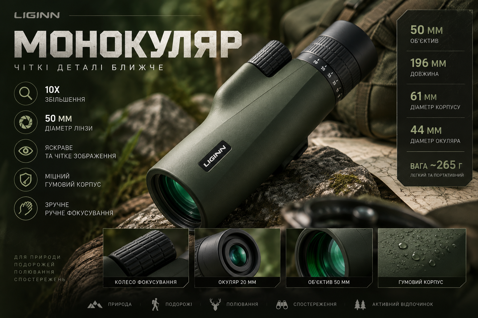Монокуляр LIGINN 10×50 з ручним фокусуванням, олива